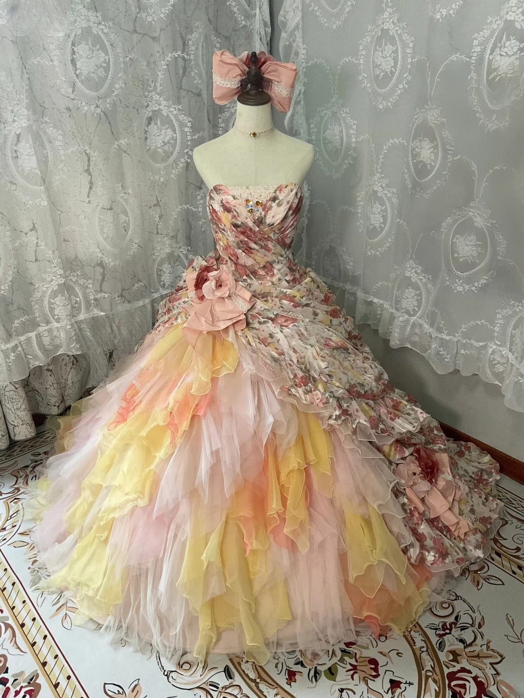 Strapless Pink Yellow Ombre Tiered Tulle Ball Gown Sweet 16 Dress, Long Ruffled Sweet Sixteen Birthday Party Dress RB9959