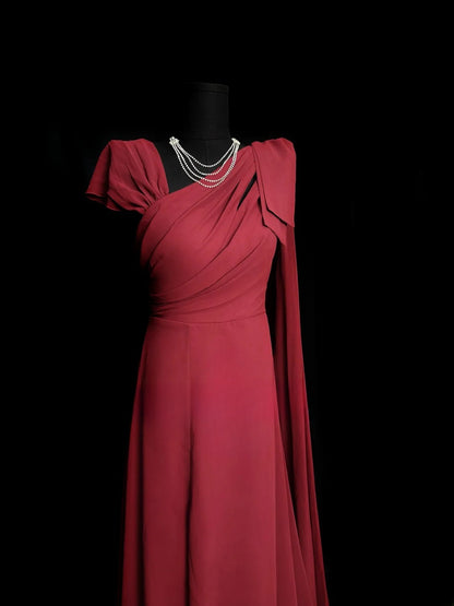 Chic Prom Dresses A line Wine Red Chiffon With Ruffled Sleeveless Long Formal Outfits RB5977