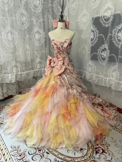 Strapless Pink Yellow Ombre Tiered Tulle Ball Gown Sweet 16 Dress, Long Ruffled Sweet Sixteen Birthday Party Dress RB9959