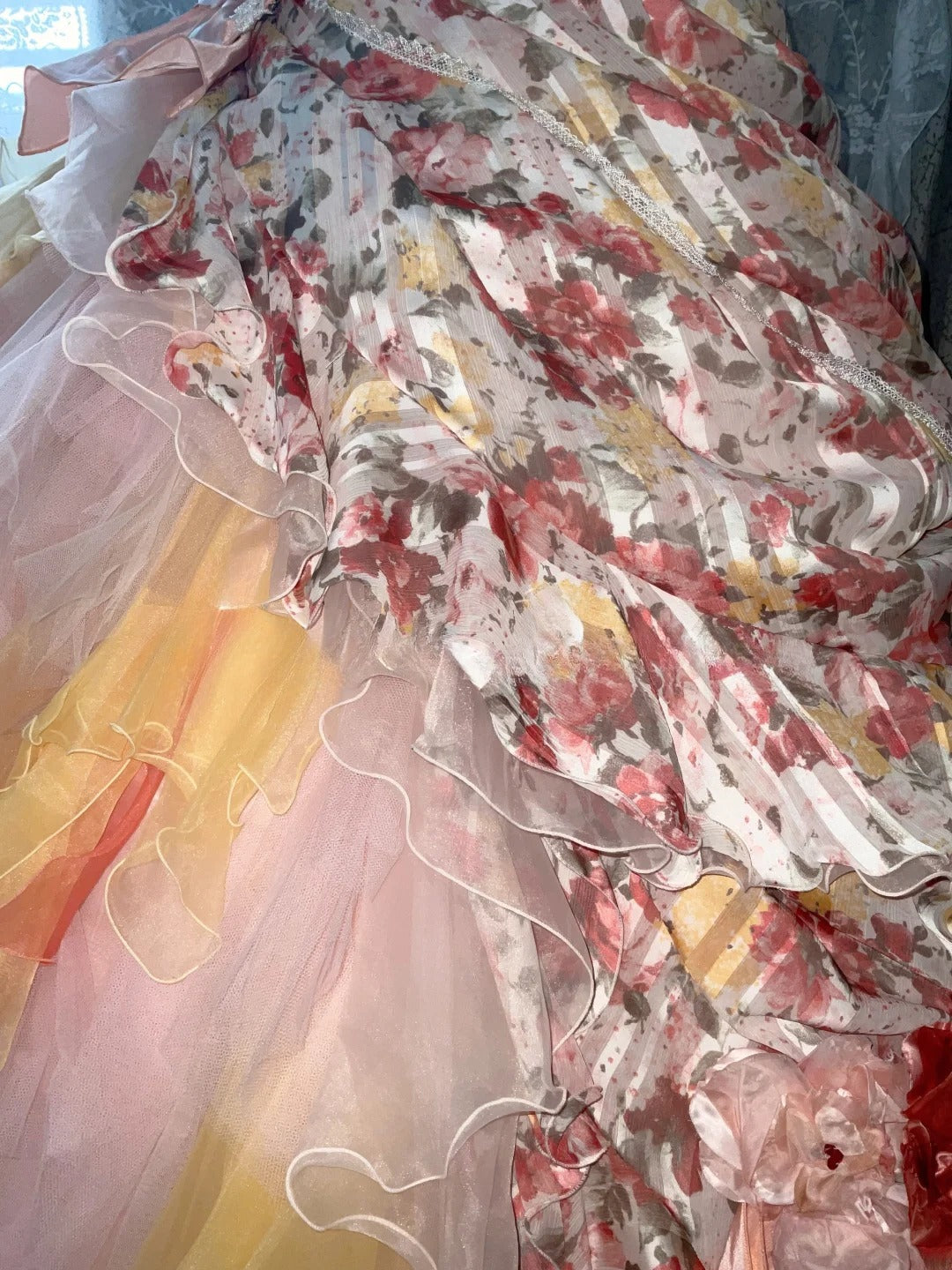 Strapless Pink Yellow Ombre Tiered Tulle Ball Gown Sweet 16 Dress, Long Ruffled Sweet Sixteen Birthday Party Dress RB9959