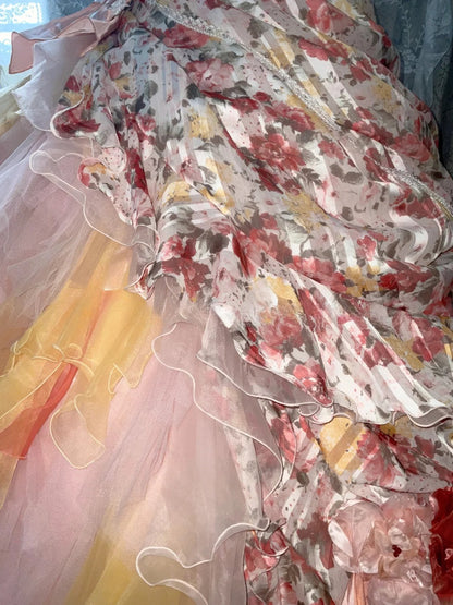 Strapless Pink Yellow Ombre Tiered Tulle Ball Gown Sweet 16 Dress, Long Ruffled Sweet Sixteen Birthday Party Dress RB9959