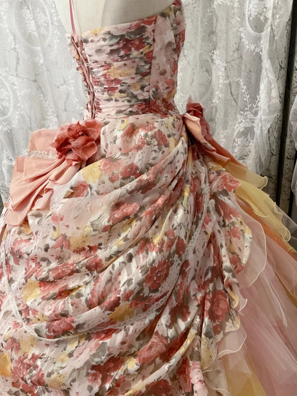 Strapless Pink Yellow Ombre Tiered Tulle Ball Gown Sweet 16 Dress, Long Ruffled Sweet Sixteen Birthday Party Dress RB9959