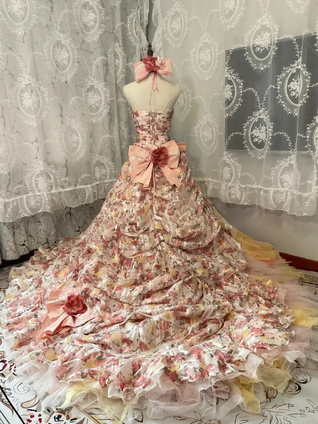 Strapless Pink Yellow Ombre Tiered Tulle Ball Gown Sweet 16 Dress, Long Ruffled Sweet Sixteen Birthday Party Dress RB9959