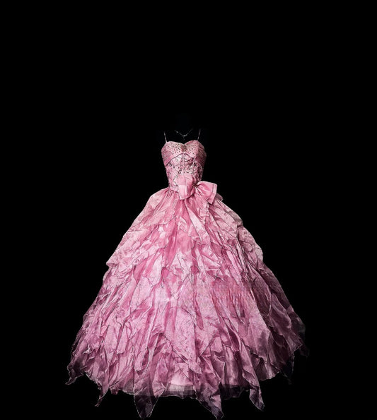 Beautiful Ball Gown Spaghetti Strap Pink With Tiered Layers Long Prom Dress Formal Dress Party Dresses RB7152