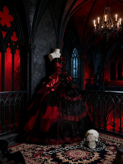 Strapless Burgundy Black Tiered Tulle Ball Gown Sweet 16 Dress, Long Ruffled Sweet Sixteen Birthday Party Dress RB9960