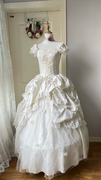 Chic Wedding Dress Ball Gown Square Neck White Tulle With Short Sleeves Summer Bridal Gown RC0532