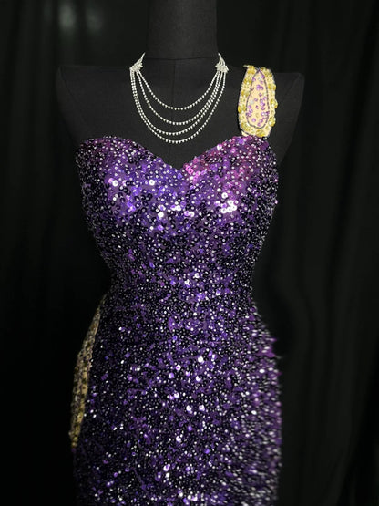 Sparkly Prom Dresses Mermaid One Shoulder Sequin Purple With Beads Sleeveless Long Formal Outfits RB5978
