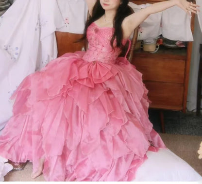 Beautiful Ball Gown Spaghetti Strap Pink With Tiered Layers Long Prom Dress Formal Dress Party Dresses RB7152