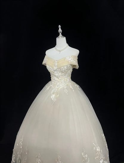 Cute Ball Gown Off The Shoulder Light Yellow With Appliqued Long Quince Dress Voluminous Sweet 16 Sweet Sixteen Outfits Vestido de 15 RB7549