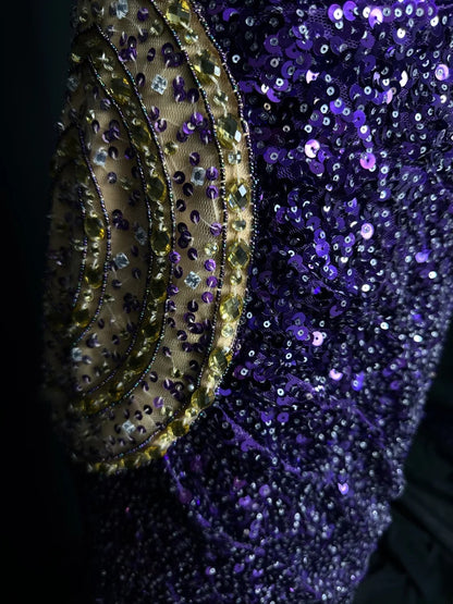 Sparkly Prom Dresses Mermaid One Shoulder Sequin Purple With Beads Sleeveless Long Formal Outfits RB5978
