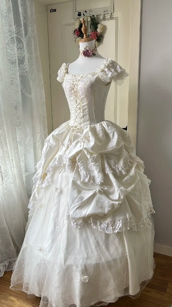 Chic Wedding Dress Ball Gown Square Neck White Tulle With Short Sleeves Summer Bridal Gown RC0532