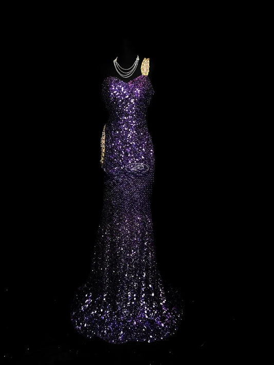 Sparkly Prom Dresses Mermaid One Shoulder Sequin Purple With Beads Sleeveless Long Formal Outfits RB5978