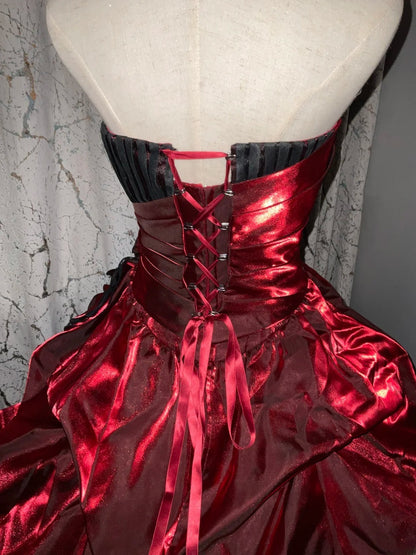 Strapless Burgundy Black Tiered Tulle Ball Gown Sweet 16 Dress, Long Ruffled Sweet Sixteen Birthday Party Dress RB9960