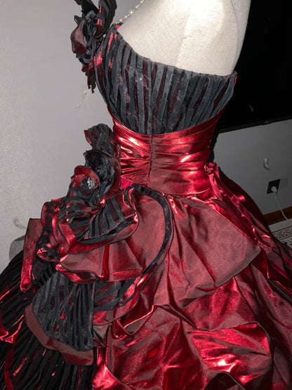 Strapless Burgundy Black Tiered Tulle Ball Gown Sweet 16 Dress, Long Ruffled Sweet Sixteen Birthday Party Dress RB9960