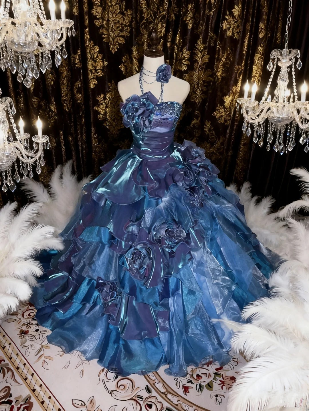 Gothic Strapless Sweet 16 Ball Gown, Blue & Purple Layered Tulle Long Sweet Sixteen Formal Dress RB9961