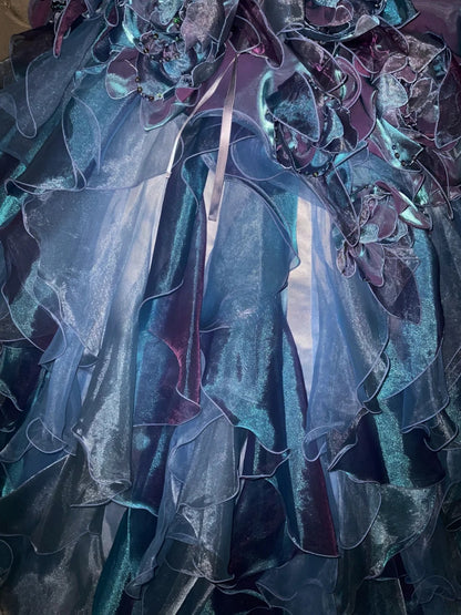 Gothic Strapless Sweet 16 Ball Gown, Blue & Purple Layered Tulle Long Sweet Sixteen Formal Dress RB9961