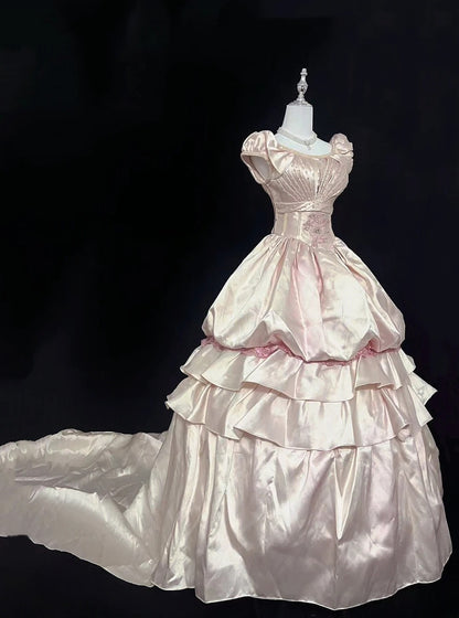 Princess Ball Gown Boat Light Pink Satin With Appliqued Long Quince Dress Voluminous Sweet 16 Sweet Sixteen Outfits Vestido de 15 RB7550