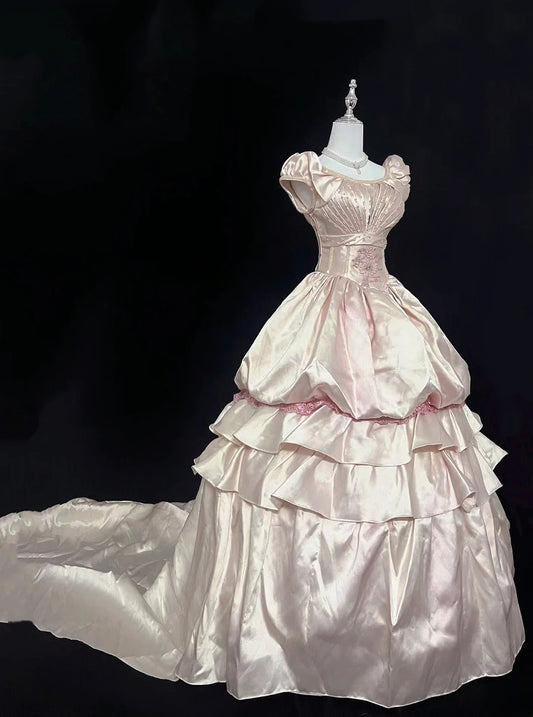 Princess Ball Gown Boat Light Pink Satin With Appliqued Long Quince Dress Voluminous Sweet 16 Sweet Sixteen Outfits Vestido de 15 RB7550
