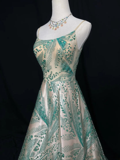 Vintage Prom Dresses Ball Gown Spaghetti Strap Green Sequin Long Party Gown Formal Outfits RB5979