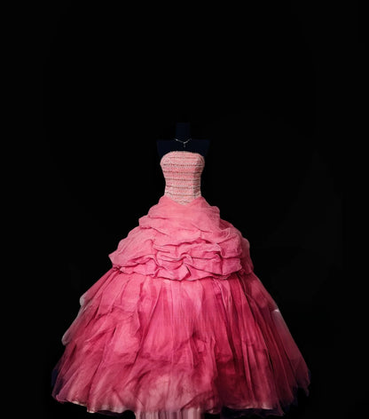 Modest Ball Gown Strapless Pink Tulle Long Quinceañera Dress Moda 2000 15 Quinceanera Dresses Ideas Sweet 16 Outfits RB7154