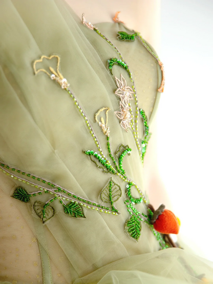 Robe de bal simple sans bretelles en tulle vert sauge, longue et formelle, idéale pour une soirée dansante ou un anniversaire (AS171)