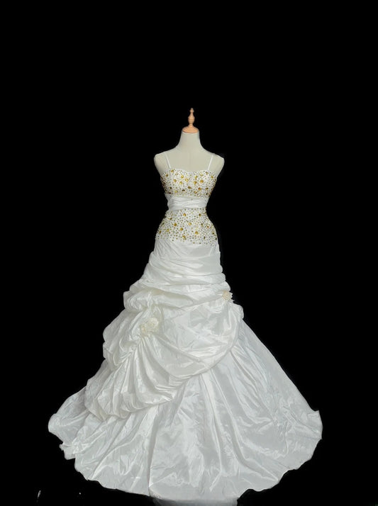 Vintage Princess Wedding Dress Mermaid Spaghetti Strap White With Beading Brides Gown Long Bridal Dress RB5809