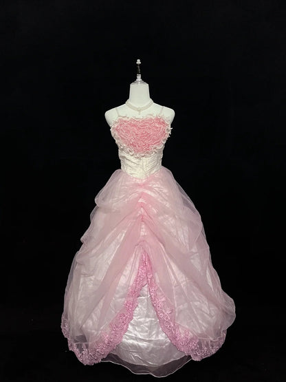 Cute Ball Gown Spaghetti Straps Pink With Lace Ruffles Tiered Long Quince Dress Voluminous Sweet 16 Sweet Sixteen Outfits Vestido de 15 RB7573