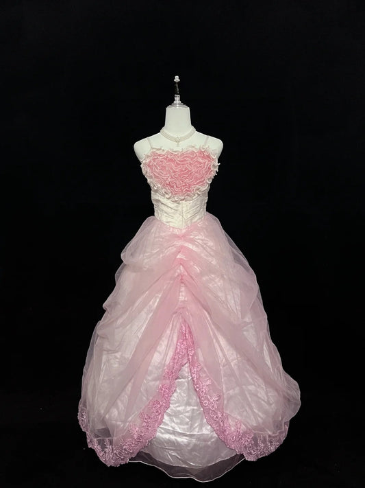 Cute Ball Gown Spaghetti Straps Pink With Lace Ruffles Tiered Long Quince Dress Voluminous Sweet 16 Sweet Sixteen Outfits Vestido de 15 RB7573