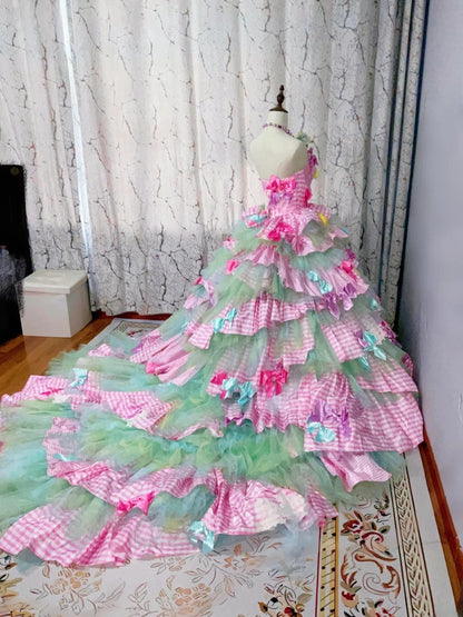 Gothic Strapless Sweet 16 Ball Gown, Pink & Green Layered Tulle Long Sweet Sixteen Formal Dress RB9962