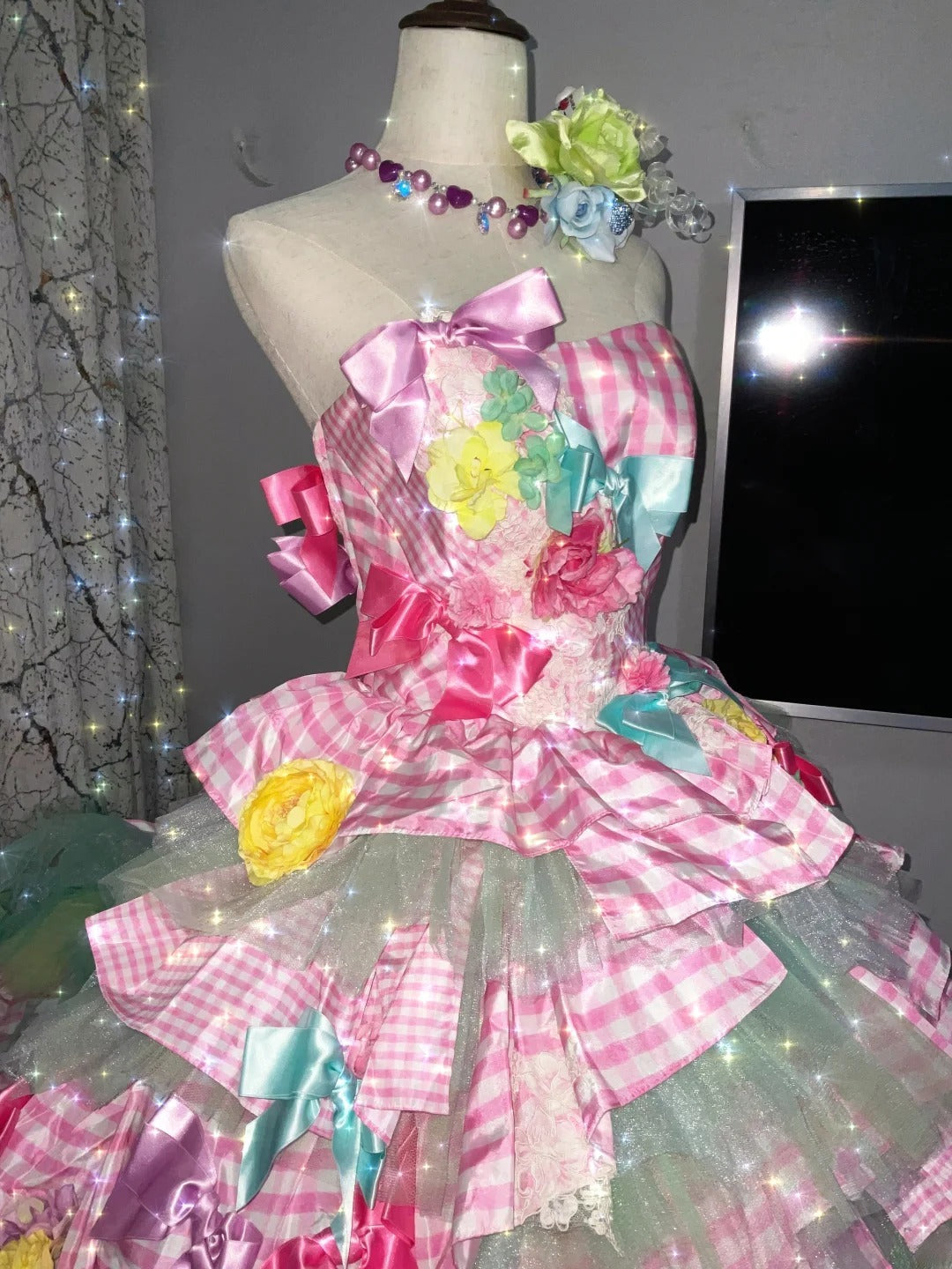 Gothic Strapless Sweet 16 Ball Gown, Pink & Green Layered Tulle Long Sweet Sixteen Formal Dress RB9962
