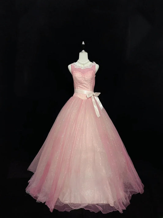 Cute Ball Gown Scoop Pink With Lace Tulle Long Quince Dress Voluminous Sweet 16 Sweet Sixteen Outfits Vestido de 15 RB7574