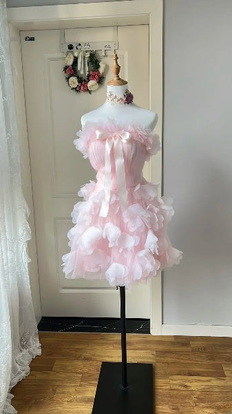 Hoco Dress Ball Gown Strapless Pink Tulle Short Homecoming Birthday Party Dress RC0536