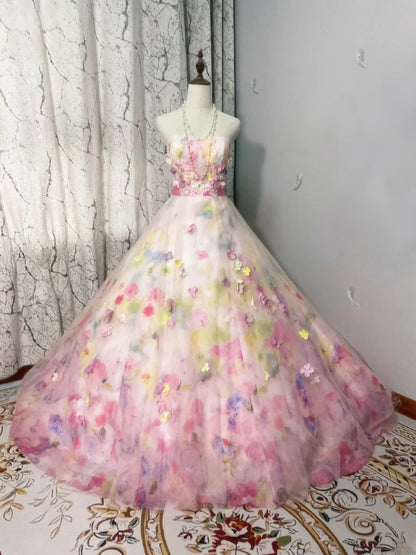 Tiered Ruffled Tulle Sweet 16 Dress, Strapless Pink Floral Long Sweet Sixteen Party Gown RB9963