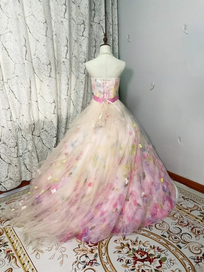 Tiered Ruffled Tulle Sweet 16 Dress, Strapless Pink Floral Long Sweet Sixteen Party Gown RB9963