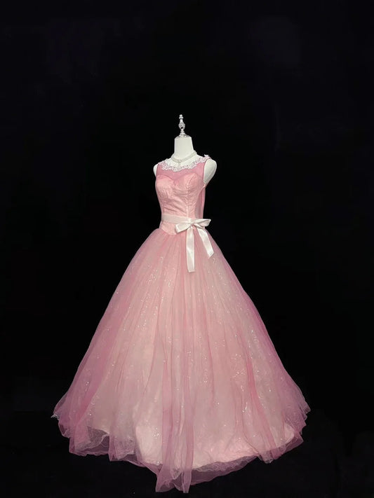 Cute Ball Gown Scoop Pink With Lace Tulle Long Quince Dress Voluminous Sweet 16 Sweet Sixteen Outfits Vestido de 15 RB7574