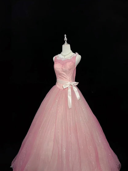 Cute Ball Gown Scoop Pink With Lace Tulle Long Quince Dress Voluminous Sweet 16 Sweet Sixteen Outfits Vestido de 15 RB7574