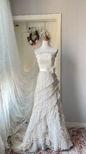Chic Wedding Dress Mermaid Strapless White Tulle With Tiered Layers Summer Bridal Gown RC0539