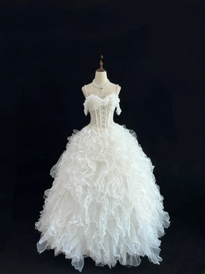 Cute Ball Gown Spaghetti Straps White Tulle With Tiered Layers Long Quince Dress Voluminous Sweet 16 Sweet Sixteen Outfits Vestido de 15 RB7575