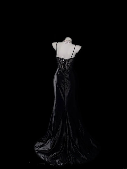 Vintage Prom Dresses Mermaid Spaghetti Strap Black Tie Dress Sleeveless Long Evening Formal Outfits RB3606