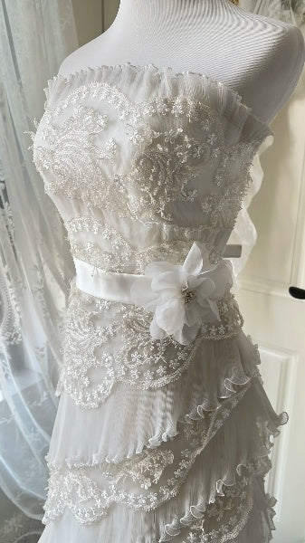 Chic Wedding Dress Mermaid Strapless White Tulle With Tiered Layers Summer Bridal Gown RC0539