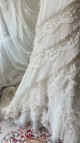 Chic Wedding Dress Mermaid Strapless White Tulle With Tiered Layers Summer Bridal Gown RC0539