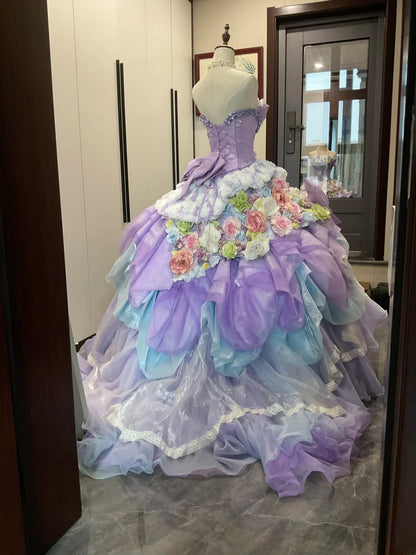 Cute Sweet 16 Dress Lilac Sweetheart Ball Gown With 3D Flowers Tiered Layers Sweet Sixteen Dress RB9964