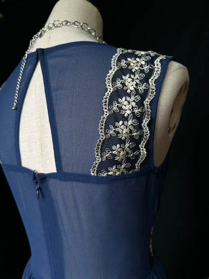 Simple Prom Dresses A line Sweetheart Navy Blue Chiffon With Lace Sleeveless Long Formal Outfits RB5982