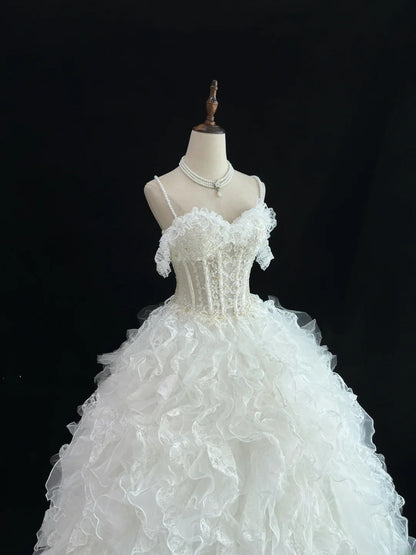 Cute Ball Gown Spaghetti Straps White Tulle With Tiered Layers Long Quince Dress Voluminous Sweet 16 Sweet Sixteen Outfits Vestido de 15 RB7575
