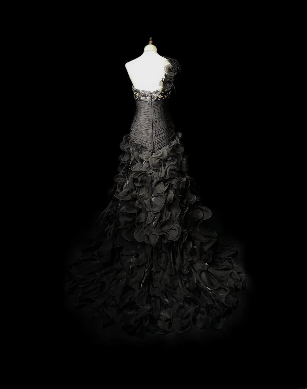 Vintage Prom Dresses Mermaid One Shoulder Black Tie Dress With Tiered Layers Long Party Gown Formal Outfits RB5983