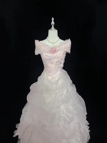 Cute Ball Gown Off The Shoulder Pink Organza With Tiered Layers Long Quince Dress Voluminous Sweet 16 Sweet Sixteen Outfits Vestido de 15 RB7576