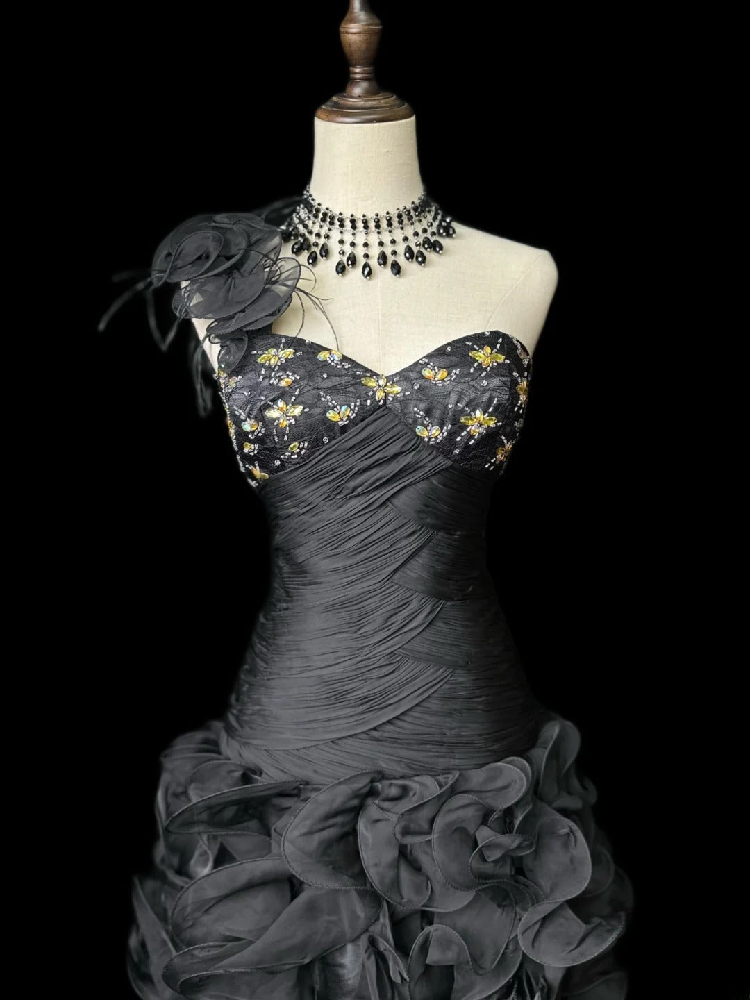 Vintage Prom Dresses Mermaid One Shoulder Black Tie Dress With Tiered Layers Long Party Gown Formal Outfits RB5983