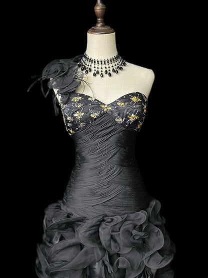 Vintage Prom Dresses Mermaid One Shoulder Black Tie Dress With Tiered Layers Long Party Gown Formal Outfits RB5983