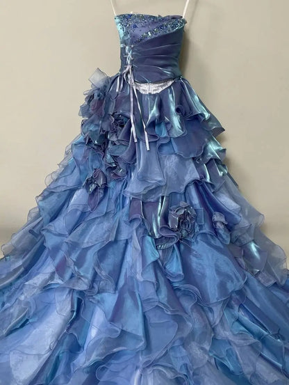 Gothic Strapless Sweet 16 Ball Gown, Blue & Purple Layered Tulle Long Sweet Sixteen Formal Dress RB9961