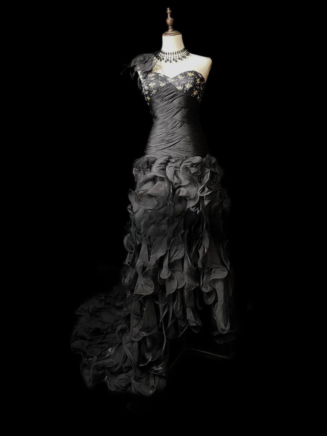 Vintage Prom Dresses Mermaid One Shoulder Black Tie Dress With Tiered Layers Long Party Gown Formal Outfits RB5983